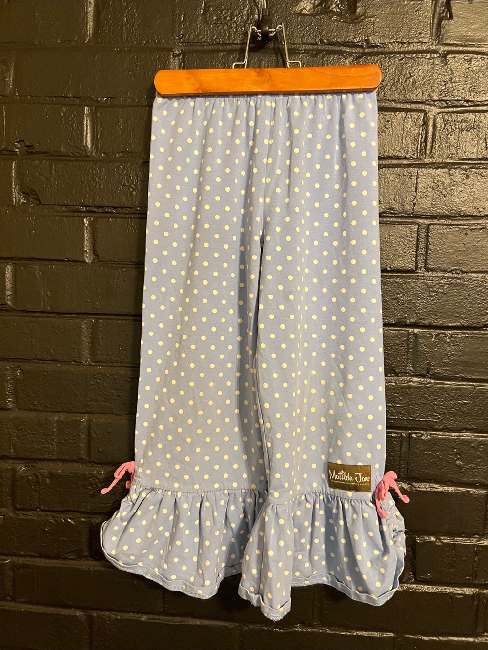 Matilda Jane Light Blue Polka Dot Ruffle Pants with Pink Ties